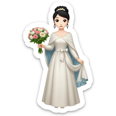 Chica blanca,cuerpo entero, vestido boda ,manga larga ,con estola, pelo negro,    ramo de flores una mano, pelo recogido en moño alto sticker