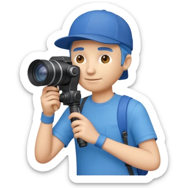 3D emoji-style icon of a photographer in side profile, wearing a blue cap backwards and a blue t-shirt, holding a professional camera with a long telephoto lens sticker