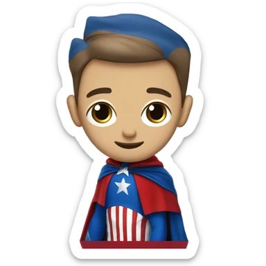 Emoji of Homelander from ‘The Boys’ series. USA flag-inspired costume with cape (red, blue, white). Confident, slightly menacing expression. sticker