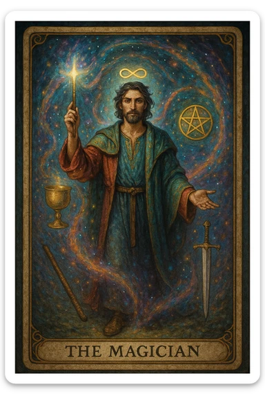 the magician tarot card, mystical, holding a wand, with symbols of the four suits (cup, pentacle, sword, wand), magical aura, vibrant colors sticker