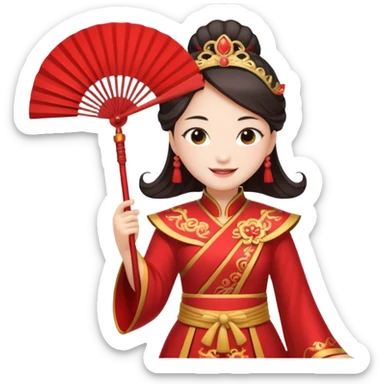 Chinese mythology Princess Iron Fan, wearing red ancient costume, holding iron fan, smiling, dignified temperament sticker