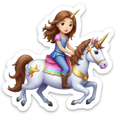 light-skinned little girl with long brown hair riding a unicorn sticker