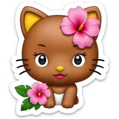Brown skinned Hello kitty with her standard features, black round eyes, no mouth, and a yellow nose and instead of her signature red bow give her a pink hibiscus flower behind her ear sticker