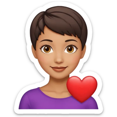woman pixie cut dark brown hair, tan skin, brown almond eyes, heart shaped face sticker