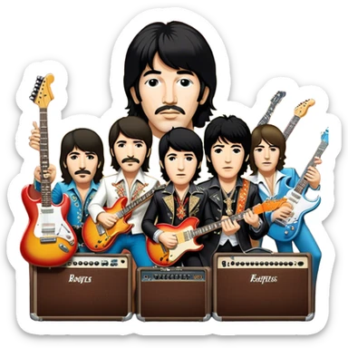 Rock music icon: dynamic collage of global rock legends like The Beatles, Jimi Hendrix, Elvis Presley, Led Zeppelin, Queen, and Nirvana, surrounded by guitars, amplifiers, and stage lights. Symbolizing the energy and power of rock music. Transparent background. sticker