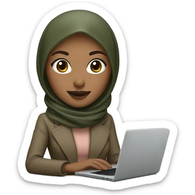 memoji of a woman with a laptop in front, apple-style,modern with dark olive green hijab,dark beige color coat, fair, rose lips, working on laptop with smile on face sticker