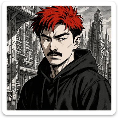 Asian man with black mustache, red hair, black hoodie, Ghost in the Shell manga style, futuristic city background, sharp shadows, high detail sticker