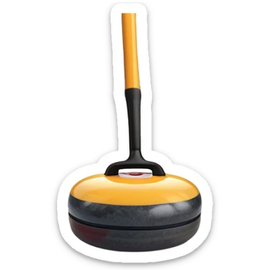 An icon featuring a curling stone in the foreground on an ice sheet with marked target circles. A curling broom rests nearby. In the background, a grand indoor stadium with bright lights and cheering fans. The ice reflects the vibrant colors of the surroundings. Transparent background. sticker