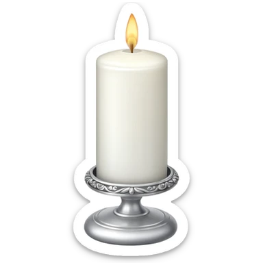 white candle with a silver holder sticker