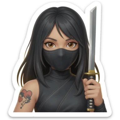 Girl, ninja, katana,fire, brown eyes, long hair, black hair, mask, left hands have heart for who. sticker