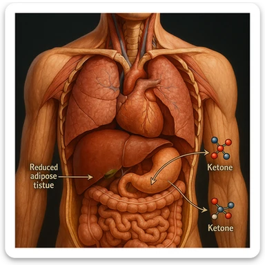 human body in 4K, cross-section, highlighting reduced adipose tissue and liver converting fats into ketones, stylized fatty acid and ketone molecules sticker