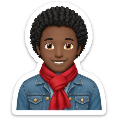 black skin man, curly black hair wear red scraft, jean jacket sticker