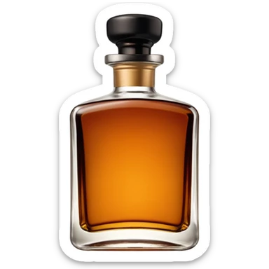 short square-shouldered glass bottle filled with rich amber-brown liqueur, dark glossy glass, wide black or dark brown cap, compact elegant silhouette, no label, no garnish, sealed bottle, soft lighting, subtle shadows, emoji scale sticker