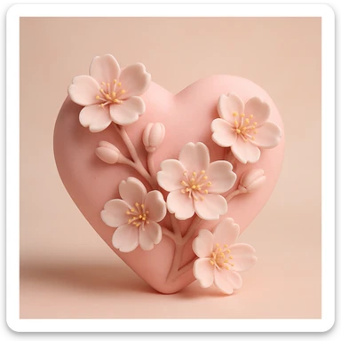 pink heart with sakura flowers, fondant cake art style sticker
