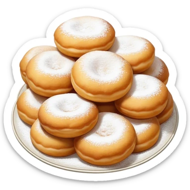 Cinematic Realistic image of simple round buñuelos, depicted with a lightly crisp, golden exterior and soft, airy interior, dusted with a subtle layer of powdered sugar and set against a rustic backdrop with warm, inviting lighting. sticker