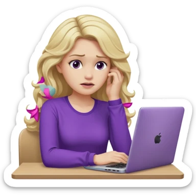 lady with long blonde wavy hair, purple top, one elbow one desk hand on face with a laptop looking defeated sticker