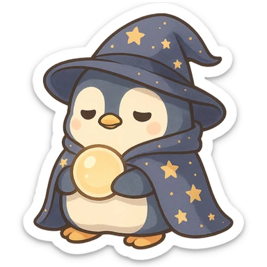 a chubby penguin in wizard attire, with a starry cloak and a glowing orb, looking wise and mystical sticker