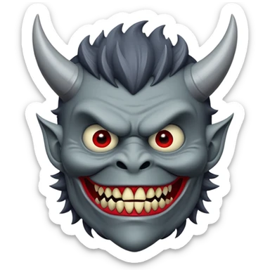 Rick Astley wearing a demon monster mask ( that probably originated from a tv show) that has small but sharp teeth and no eyes and the image is sideways and the entire image including Rick is gray sticker