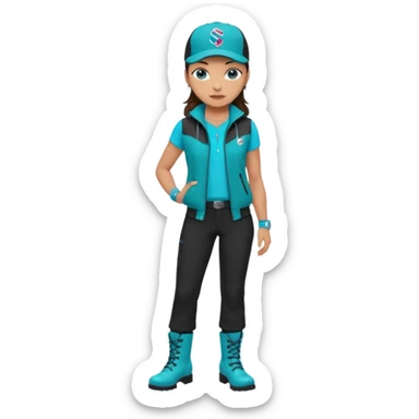 A landscaper in a beautiful turquoise jacket and turquoise boots, black pants, and a black sleeveless shirt. On his head is a black Swissotel baseball cap. The girl is a brunette with blue eyes. sticker