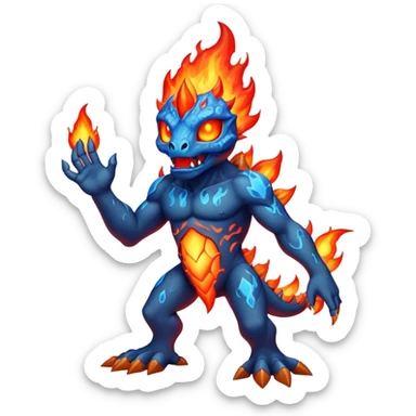 a mystical fast lava creature without arms with molten lava on its head and some rocky shoulders, fire crystals, blue flames, fire legs, no background sticker