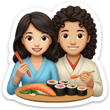 czarnowłosa ksieżniczka w dlugich wlosach je sushi z chłopakiem o czarno brązowych kręconych włosach i są zadowoleni sticker