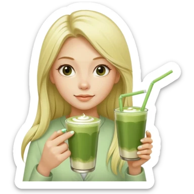 A blonde girl with long hair offers a glass of matcha latte with two straws sticker