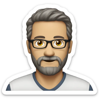 45 year old man with rectangle glasses, short dark brown hair, salt and pepper beard, handyman sticker