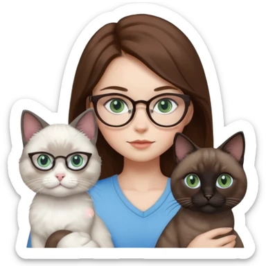 O data cu parul saten ,ochii griji-albastrii ,ochelari și codițe de pisica ..și langa o pisicuță alba pufoasa ,cu ochii verzi și o a doua pisica siameza pufoasa cu capul maro -negru și coada ,restul corpului un maro deschis spre alb  , ochii albaștrii  sticker