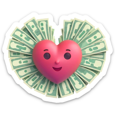 heart shape made of money, memoji style, playful and expressive, 3D look, soft shading, no text sticker