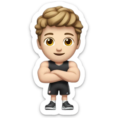 Close up Actively gesturing  with hands Pale skinned Fit Man With the biceps and brown hair in dark gray Sleeveless Mike, black oversize sports shorts, watch and white Sneakers sticker