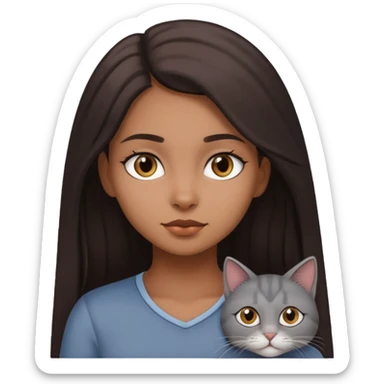 Brown girl with long dark hair with a grey cat sticker