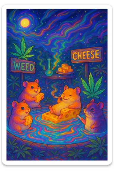 A psychedelic, ultra-colorful scene of hamsters at a weed and cheese pool party at night, with glowing lights, swirling colors, magical energetic vibe, Ghibli style sticker