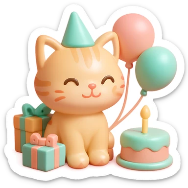 ginger tabby kitten sitting next to a stack of gifts, wearing a party hat, birthday cake and balloons around, cheerful sticker