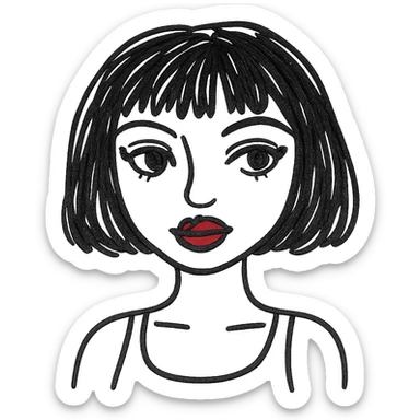 A pretty girl with black straight bob hair. She has hazel eyes with black eyeliner. She has plump red lips. She is wearing a white tank top sticker