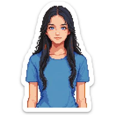 teenager girl with black long hair and blue shirt sticker