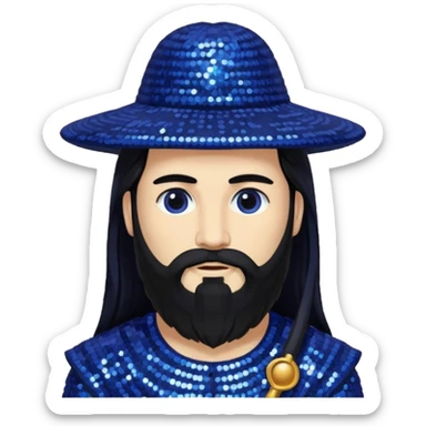 Saturn, God of Time from Gods and Goddesses with long black hair and beard, indigo sequin outfit sticker