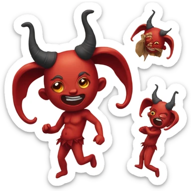 Red horned Satan doll swinging legs falling off a shelf  sticker