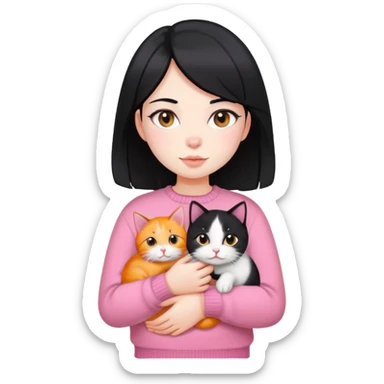 girl with black hair holding a tri-colored cat (black, orange, white) wearing a pink sweater sticker