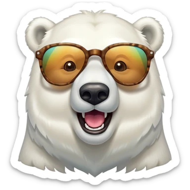 laughing polar bear headshot wearing a t-shirt and large multicolored extravagant glasses sticker