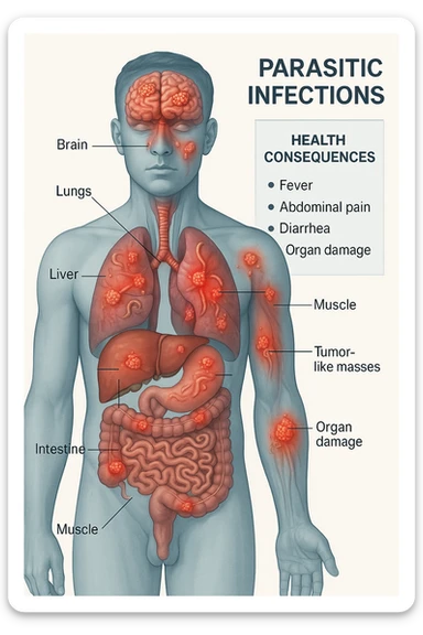 a semi-transparent view of a man’s body reveals numerous parasitic organisms inside his organs and tissues. Some areas are highlighted with red or inflamed zones, and small tumor-like masses are visible where the parasites cluster. The background is clinical and educational, with labels pointing to affected organs and a sidebar showing the health consequences. sticker