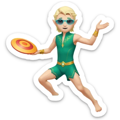 elf male legolas launching a frisbee woven from pure sunlight, wearing sporty teal swim shorts and performance sunglasses, pointy ears, centered emoji sticker