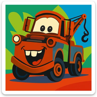 Mater from Cars with exaggerated goofy expression, vibrant colors sticker
