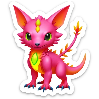 Tropical futuristic lush warm-colored modern colorful neon-colored Fakémon-Digimon-Trico-Vernid-creature sticker