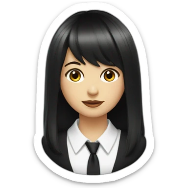 white female bangs black straight hair white shirt black tie sticker