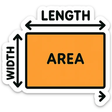 simple diagram of a rectangle labeled with length and width, arrows around edges illustrating perimeter, shaded area inside illustrating area, suitable for grade 4 students sticker