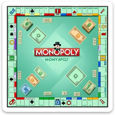 A photorealistic icon featuring a Monopoly board with property spaces, colorful game tokens, dice, and stacks of money. The design includes detailed textures of the board, cards, and tokens, capturing the essence of the Monopoly game. Transparent background, symbolizing Monopoly and board games. sticker