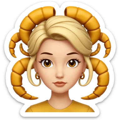 3D cartoon woman with a scorpion-shaped hairstyle, confident expression, smooth skin tone, Memoji-style. sticker