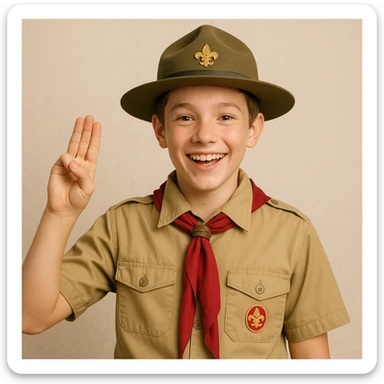 boy scout in uniform making the 3 finger salute, cheerful expression sticker