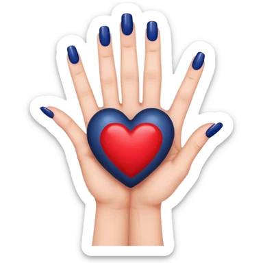 
a hand with a red manicure holds a dark blue heart with two fingers sticker