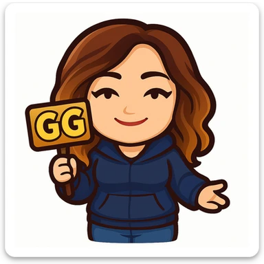 Create a chibi emote of the woman from the reference images, wearing a blue hoodie and jeans, holding a 'GG' sign, no headband, no sparkles, no wand, transparent background in sticker style sticker